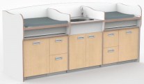 Commode 275 cm met babybadje en handdouche in vaste unit en dubbel werkblad met 2 x 2 laden